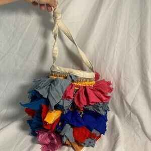 Art boho rainbow hippie purse bag silk ties handmade 9x7 colorful